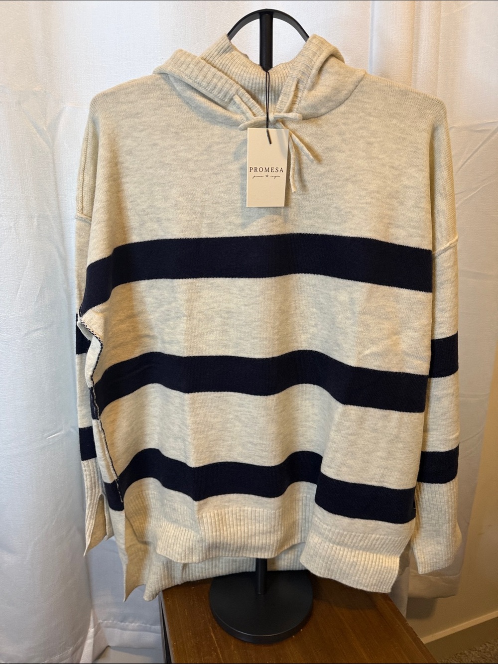 Promesa Cream and Navy Striped Hoodie Sweater Pullover
